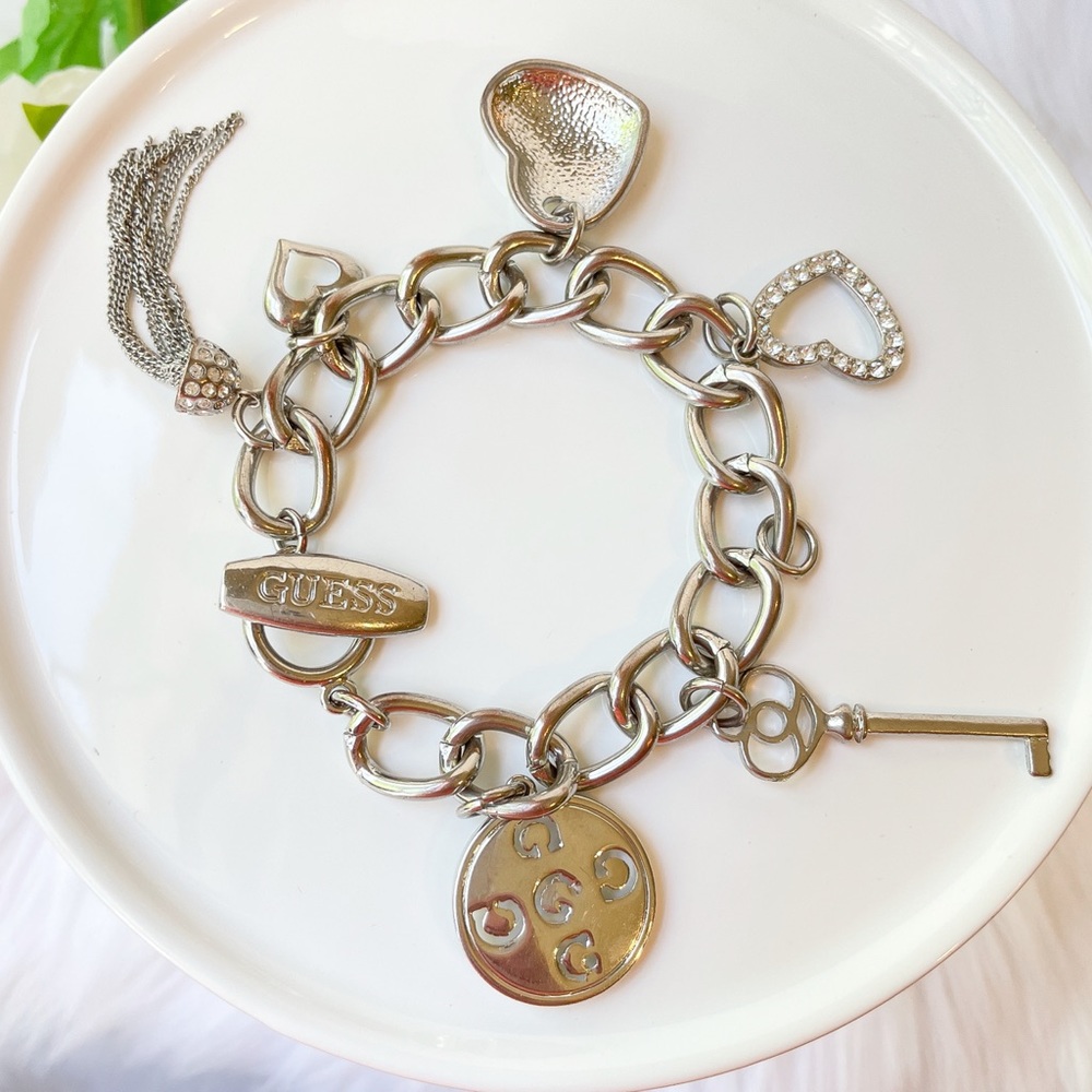 Guess Chunky Bracelet Silver Heart Key Tassel